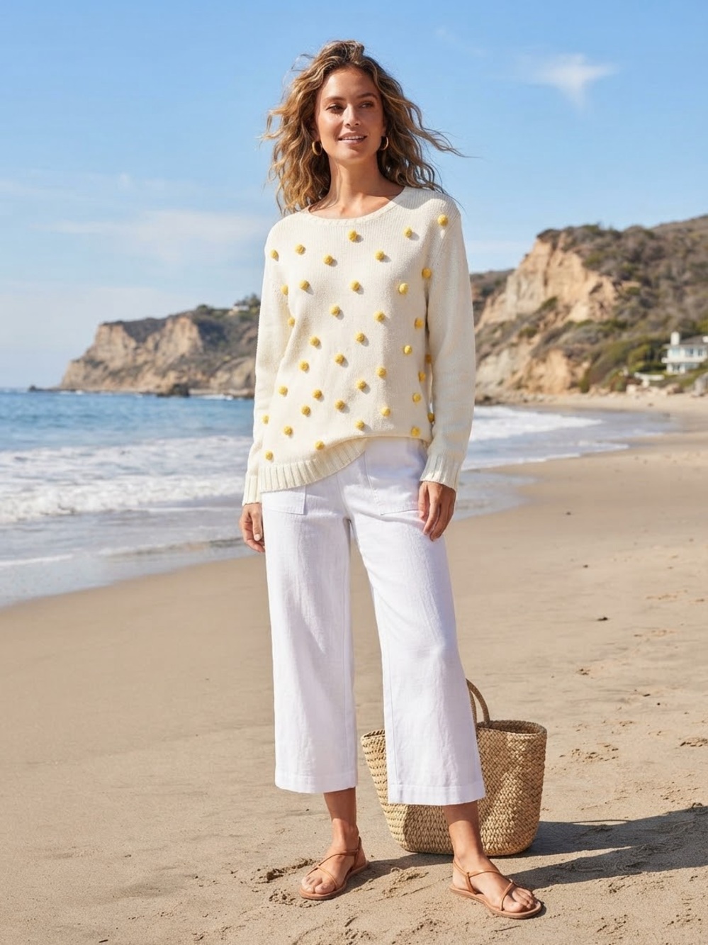 Talbots Cream Sweater with Yellow Pom-Pom Detail Size L